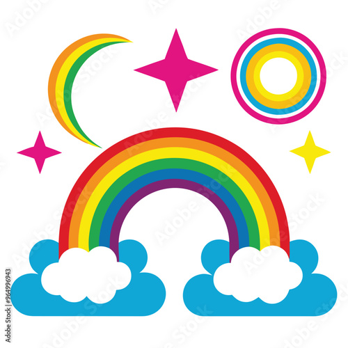 Scandinavian boho rainbows set with clouds, stars, drops, crescent in pastel blue colors. Celestial clip art. Hand drawn vector element for nursery decoration, baby shower. Vector flat illustration