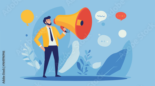 PR manager vector, public relations illustration, communication graphic, media announcement, sales promotion, businessman megaphone, speech bubble, flat style PR, corporate communication, media 