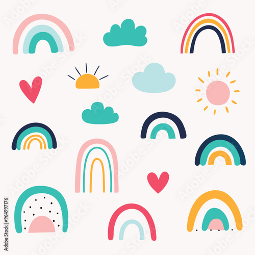Scandinavian boho rainbows set with clouds, stars, drops, crescent in pastel blue colors. Celestial clip art. Hand drawn vector element for nursery decoration, baby shower. Vector flat illustration