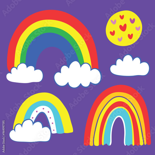 Scandinavian boho rainbows set with clouds, stars, drops, crescent in pastel blue colors. Celestial clip art. Hand drawn vector element for nursery decoration, baby shower. Vector flat illustration
