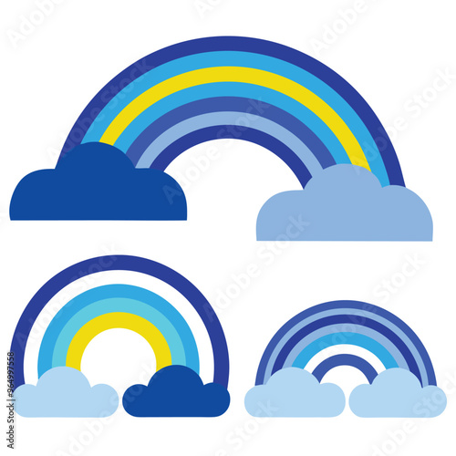 Scandinavian boho rainbows set with clouds, stars, drops, crescent in pastel blue colors. Celestial clip art. Hand drawn vector element for nursery decoration, baby shower. Vector flat illustration