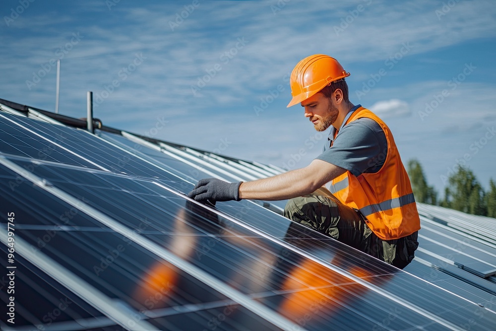 Engineer service check installation solar cell on the roof of factory , Sustainable energy industry concept, Renewable energy solution for climate change , ai Engineer service check installation solar cell on the roof of factory , Sustainable energy industry concept, Renewable energy solution for climate change , ai