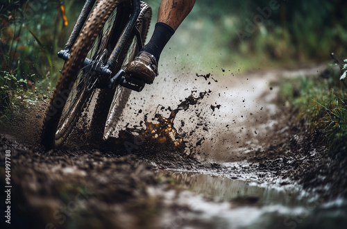 Wallpaper Mural Rugged Mountain Biker Hurtling Down a Muddy Trail: An Adrenaline Rush Torontodigital.ca