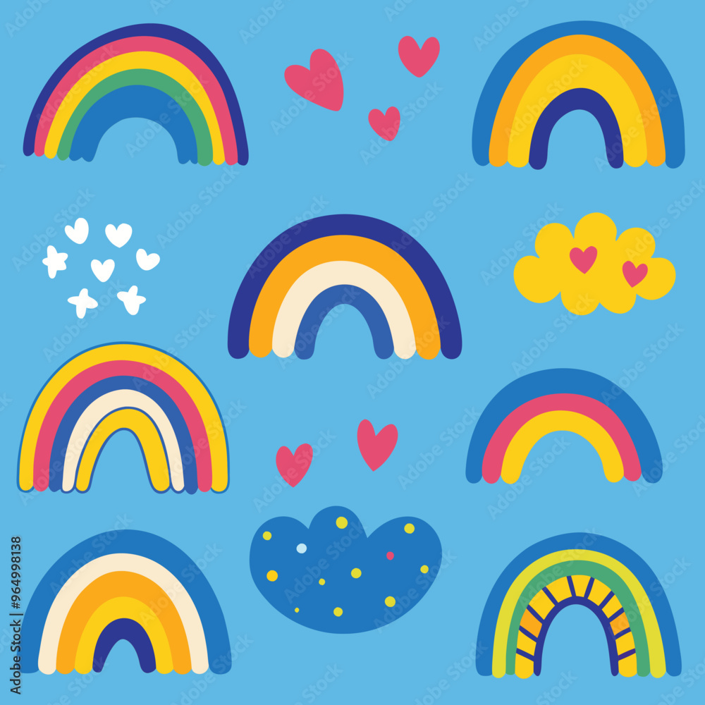 Fototapeta premium Scandinavian boho rainbows set with clouds, stars, drops, crescent in pastel blue colors. Celestial clip art. Hand drawn vector element for nursery decoration, baby shower. Vector flat illustration