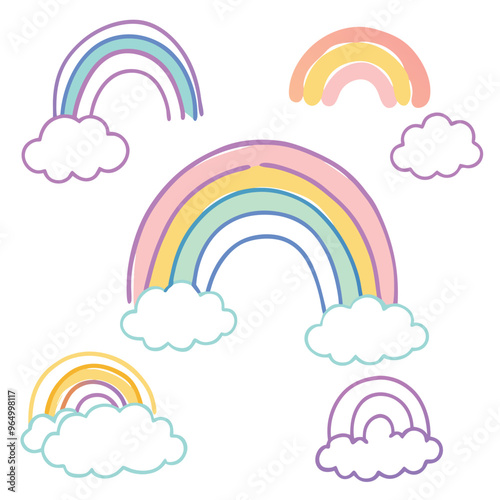 Scandinavian boho rainbows set with clouds, stars, drops, crescent in pastel blue colors. Celestial clip art. Hand drawn vector element for nursery decoration, baby shower. Vector flat illustration
