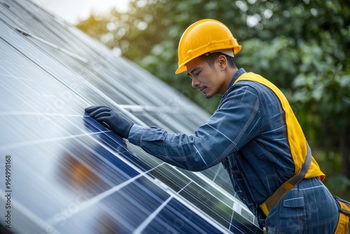 Engineer service check installation solar cell on the roof of factory , Sustainable energy industry concept, Renewable energy solution for climate change , ai