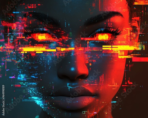 Futuristic face with crossedout eyes, incorporating digital glitch effects, neon colors, and hightech design elements in a sleek, dynamic environment photo