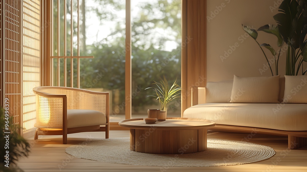 Tranquil Living Room with Calming Wooden Style, Natural Wood Floors, and Soft Ambient Lighting Tranquil Living Room with Calming Wooden Style, Natural Wood Floors, and Soft Ambient Lighting