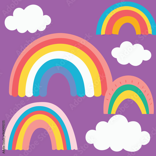 Scandinavian boho rainbows set with clouds, stars, drops, crescent in pastel blue colors. Celestial clip art. Hand drawn vector element for nursery decoration, baby shower. Vector flat illustration