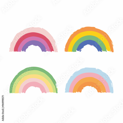 Scandinavian boho rainbows set with clouds, stars, drops, crescent in pastel blue colors. Celestial clip art. Hand drawn vector element for nursery decoration, baby shower. Vector flat illustration