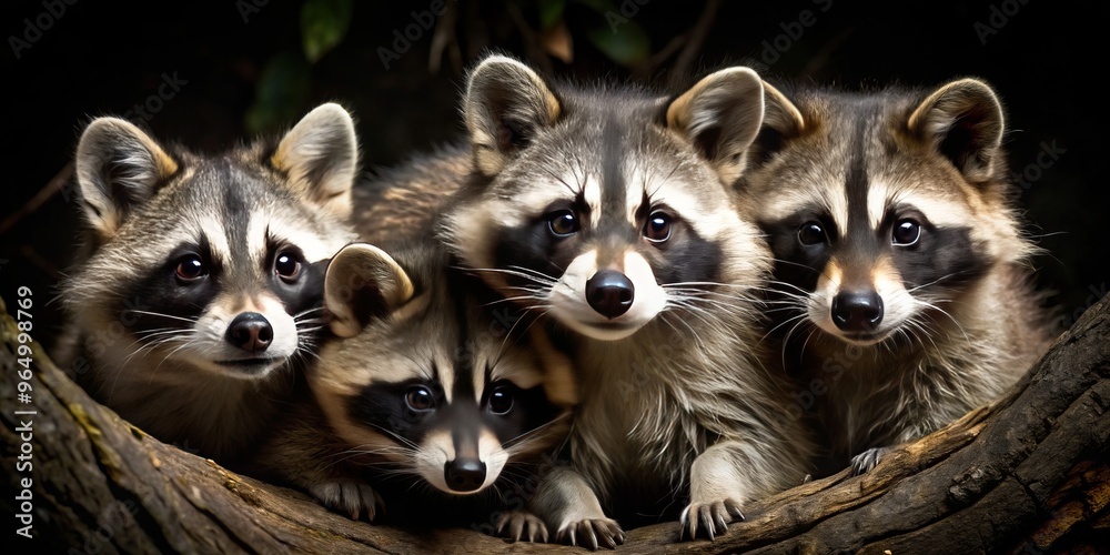 Raccoons, a family bound together by shared secrets, darkly luminous eyes illuminating their secretive night, whispers Raccoons, a family bound together by shared secrets, darkly luminous eyes illuminating their secretive night, whispers