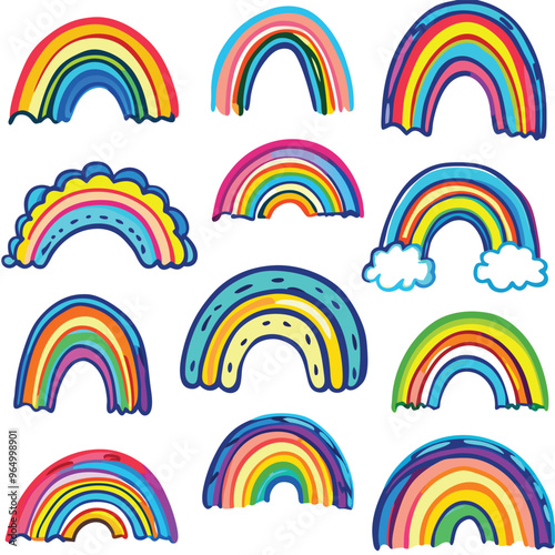 Scandinavian boho rainbows set with clouds, stars, drops, crescent in pastel blue colors. Celestial clip art. Hand drawn vector element for nursery decoration, baby shower. Vector flat illustration