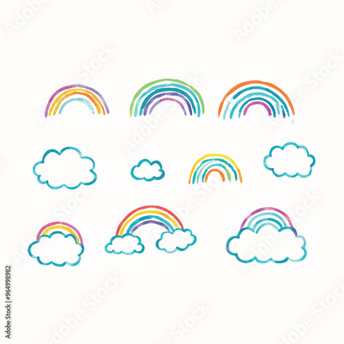 Scandinavian boho rainbows set with clouds, stars, drops, crescent in pastel blue colors. Celestial clip art. Hand drawn vector element for nursery decoration, baby shower. Vector flat illustration