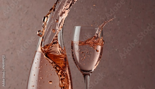 Pouring rose wine splash into a glass against a pink background. photo