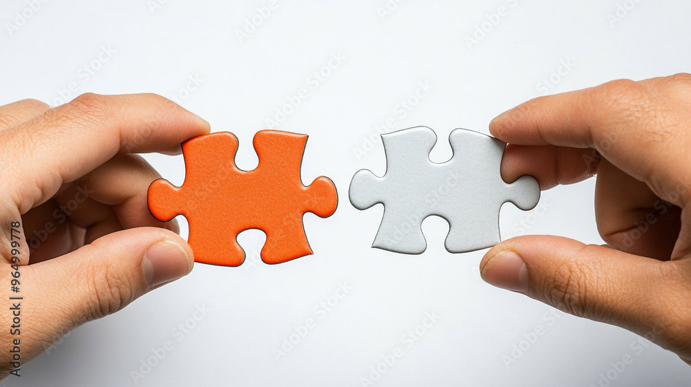 Two hands hold individual jigsaw puzzle pieces, symbolizing teamwork and collaboration in solving complex problems and finding solutions. Two hands hold individual jigsaw puzzle pieces, symbolizing teamwork and collaboration in solving complex problems and finding solutions.