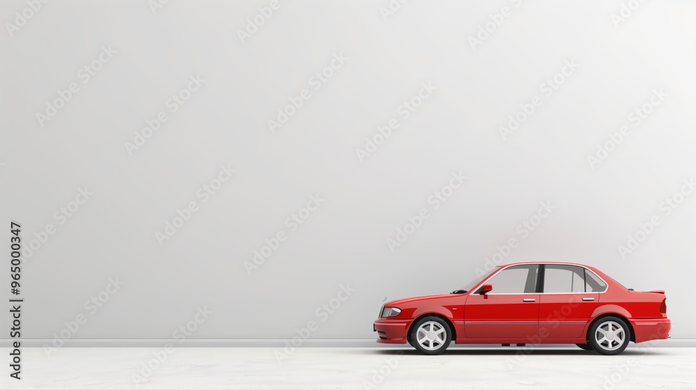 Fototapeta premium Red Sedan Car Against Minimalist White Wall - Perfect for Automotive and Advertisement Themes
