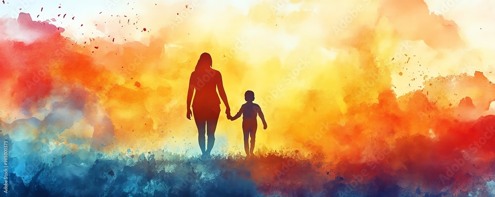 Fototapeta premium Abstract watercolor illustration of parent and child silhouettes walking away, love concept art, path of righteousness, childhood and parenting