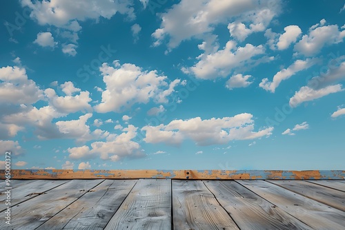 wooden floor against blue sky with white clouds, nature abstract background