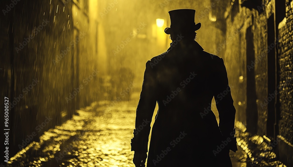 Cinematic historical thriller scene of a man in a black coat and top hat walking alone in a dimly lit city alley, 19th or 18th century atmosphere Cinematic historical thriller scene of a man in a black coat and top hat walking alone in a dimly lit city alley, 19th or 18th century atmosphere