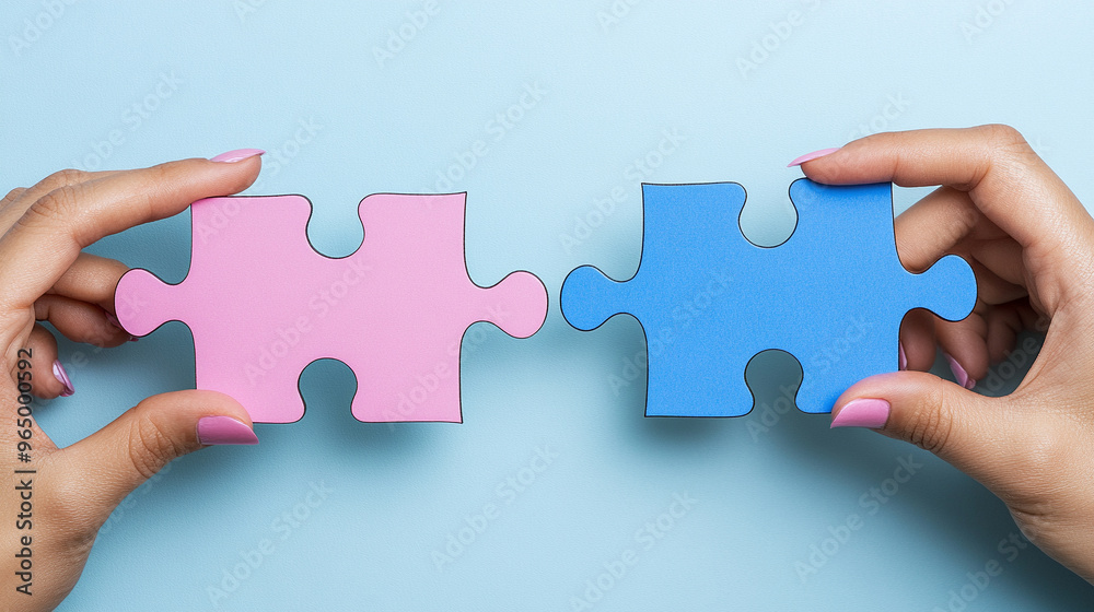Two hands hold individual jigsaw puzzle pieces, symbolizing teamwork and collaboration in solving complex problems and finding solutions. Two hands hold individual jigsaw puzzle pieces, symbolizing teamwork and collaboration in solving complex problems and finding solutions.