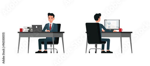 Business man wear blue suit and working in office character vector illustration design set. Presentation in various action.