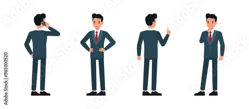 Business man wear blue suit and working in office character vector illustration design set. Presentation in various action.