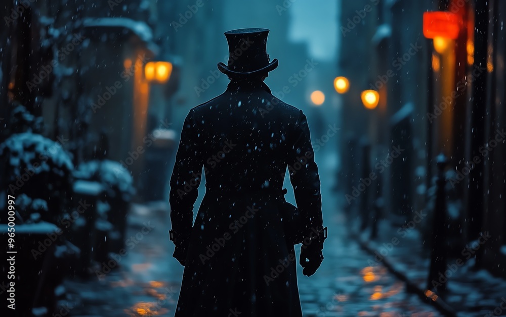 Mysterious figure in black coat and top hat wandering through a dim city alley, cinematic historical thriller vibe, set in the 19th or 18th century Mysterious figure in black coat and top hat wandering through a dim city alley, cinematic historical thriller vibe, set in the 19th or 18th century