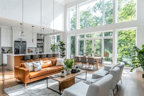 Beautiful living room interior in new luxury home with open concept floor plan. Shows kitchen, dining room, and wall of windows with amazing exterior view.