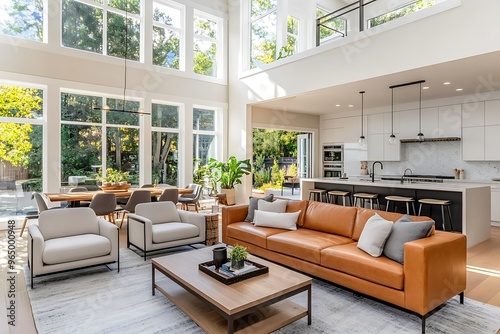 Beautiful living room interior in new luxury home with open concept floor plan. Shows kitchen, dining room, and wall of windows with amazing exterior view.