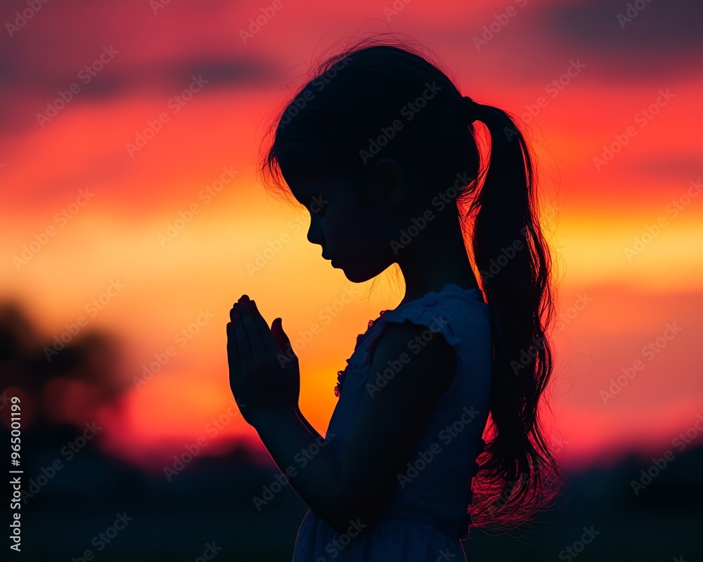 Silhouette of a girl child praying with clasped hands, vibrant sunset or sunrise sky, prayer concept, union, and yearning for spiritual reflection Silhouette of a girl child praying with clasped hands, vibrant sunset or sunrise sky, prayer concept, union, and yearning for spiritual reflection