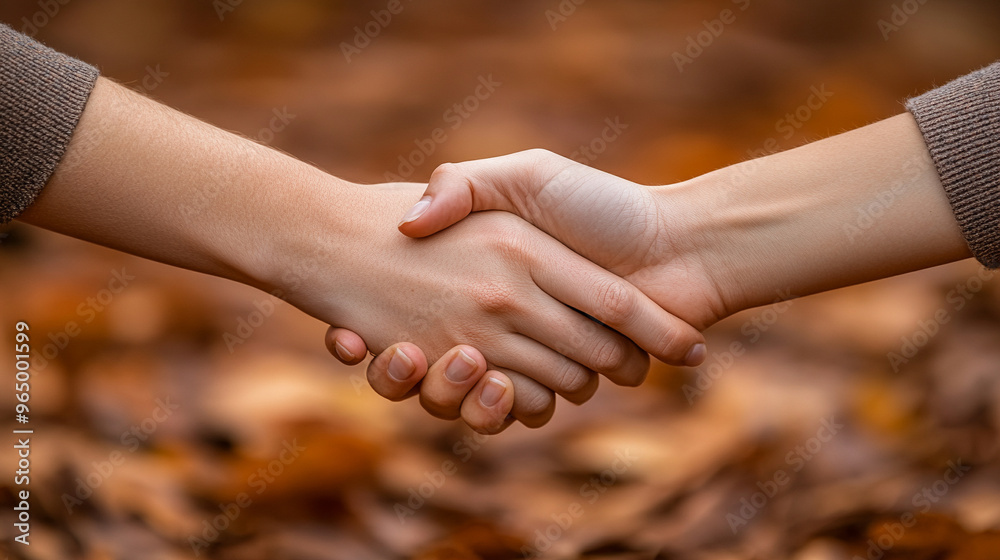 Two people shaking hands in a serene autumn park during the evening, with vibrant fall foliage and a warm sunset. A symbolic gesture of agreement, partnership, and trust in a peaceful setting Two people shaking hands in a serene autumn park during the evening, with vibrant fall foliage and a warm sunset. A symbolic gesture of agreement, partnership, and trust in a peaceful setting