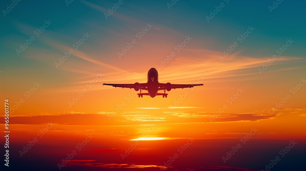 Stunning Airplane Silhouette Against Vibrant Sunset Sky Perfect for Travel and Aviation Themes Stunning Airplane Silhouette Against Vibrant Sunset Sky Perfect for Travel and Aviation Themes