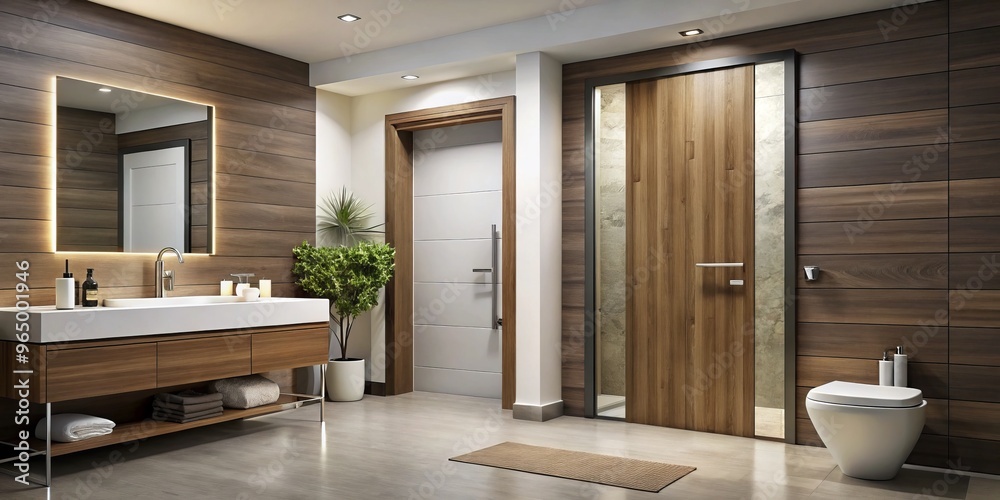 Fototapeta premium Sophisticated bathroom doors in sleek designs and finishes elevate the space's ambiance, presenting a harmonious blend