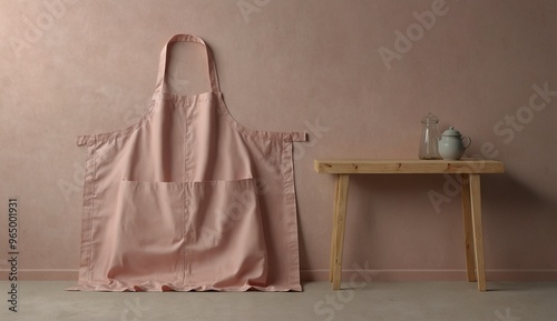 Rustic pink apron hanging on wall with wooden table and teapot setup photo