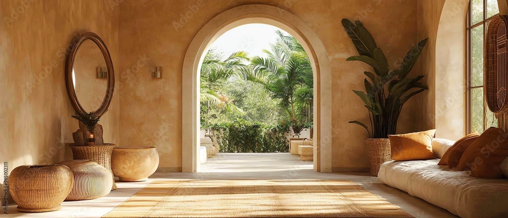 Fototapeta premium Mediterranean Boho entryway in modern home, hall with arched walls, eclectic decor, warm and inviting tones, stylish and relaxed ambiance