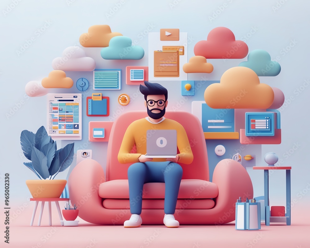 Obraz premium Male user Qadir in 3D illustration, modern flat design cloud computing, accessing cloud storage and uploading files, data center infrastructure and service