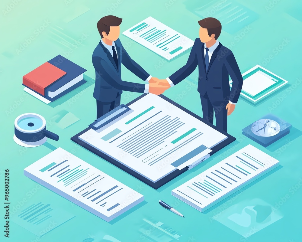 Flat isometric 3D illustration of characters shaking hands after finalizing a contract, businessmen completing a successful deal, contract agreement concept Flat isometric 3D illustration of characters shaking hands after finalizing a contract, businessmen completing a successful deal, contract agreement concept