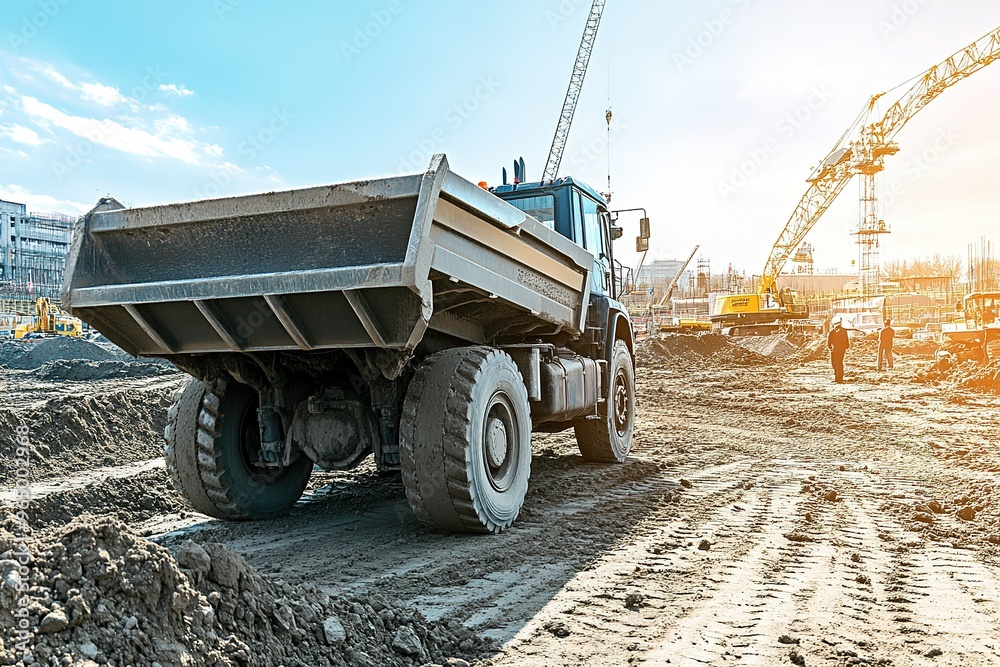 Obraz premium Dump truck unloading construction debris at a site
