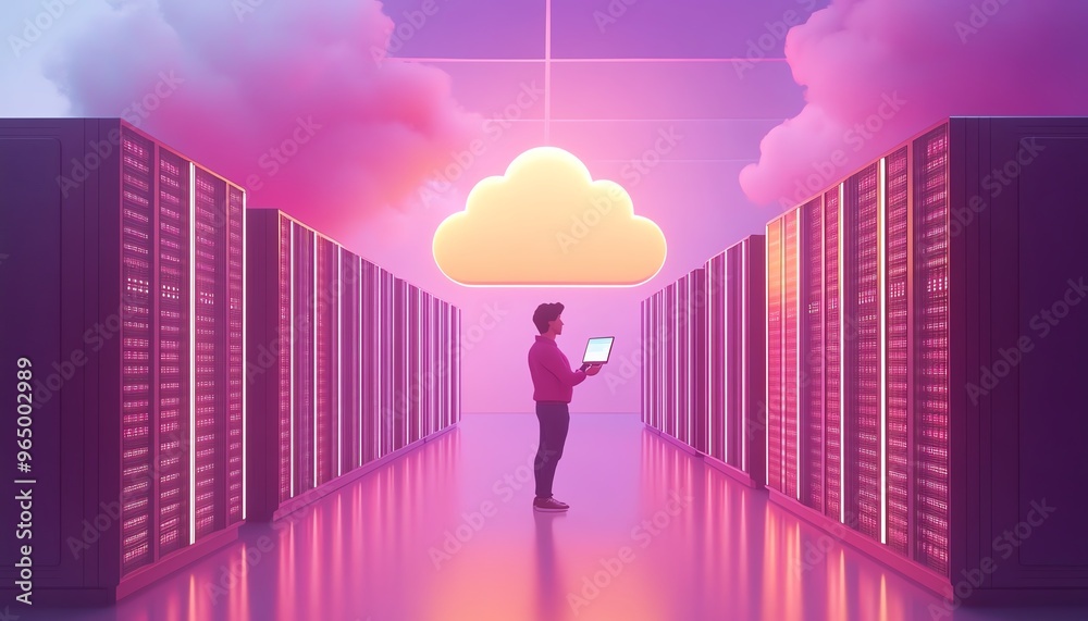 Cloud computing concept in modern flat design, 3D illustration of male figure Qadir accessing cloud storage and uploading data, data center infrastructure and service Cloud computing concept in modern flat design, 3D illustration of male figure Qadir accessing cloud storage and uploading data, data center infrastructure and service