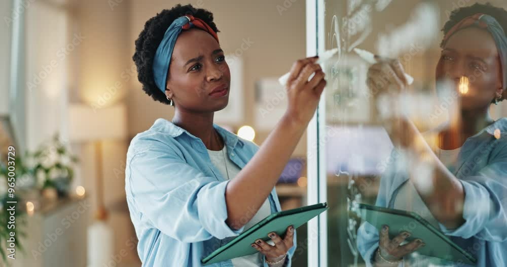Writing, ideas and black woman with tablet at glass wall for business ...