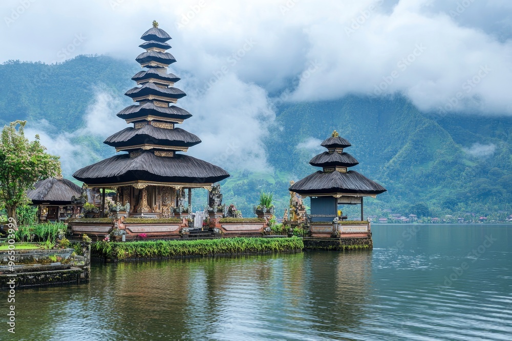 Ulun Danu Beratan temple at the edge of Lake Bratan, Bali, Indonesia , ai Ulun Danu Beratan temple at the edge of Lake Bratan, Bali, Indonesia , ai