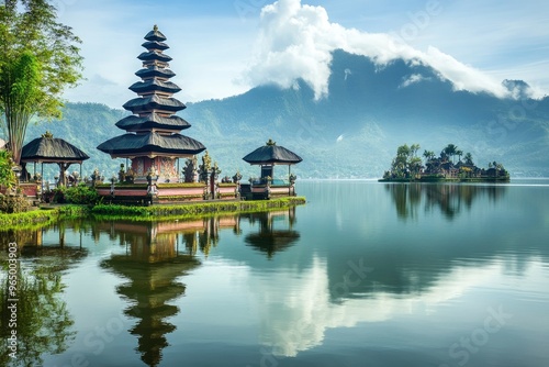 Ulun Danu Beratan temple at the edge of Lake Bratan, Bali, Indonesia , ai