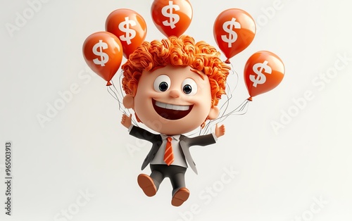 3D illustration of smiling Qadir in business suit, flying with dollar sign balloons, concept of success and wealth, 3D rendering on white background photo