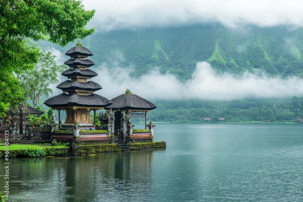 Obraz premium Ulun Danu Beratan temple at the edge of Lake Bratan, Bali, Indonesia , ai