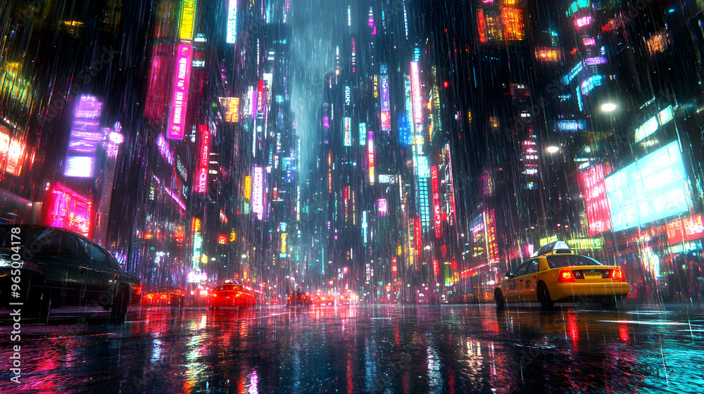 A city street where the rain falls upward, with glowing droplets rising into the sky, reflecting the neon lights of the buildings around them A city street where the rain falls upward, with glowing droplets rising into the sky, reflecting the neon lights of the buildings around them