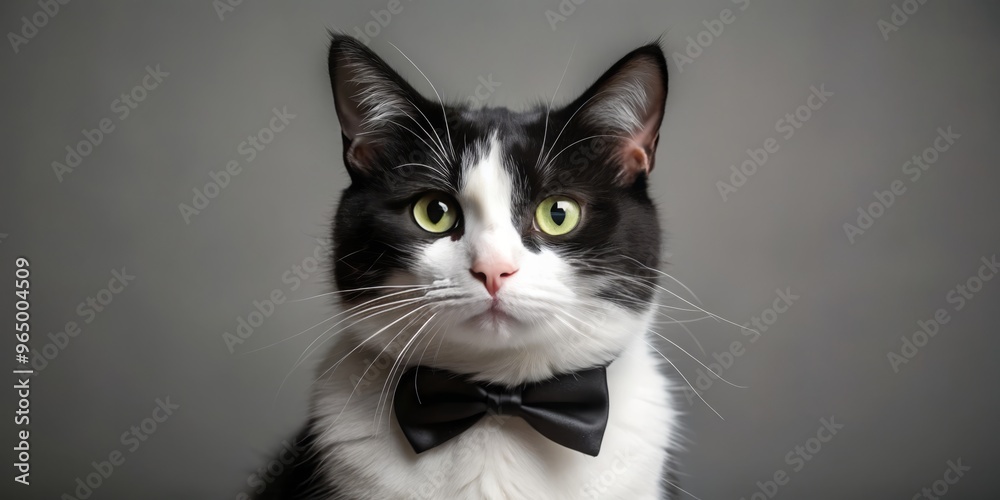 The elegant black and white cat dons a bow tie, exuding sophistication and adorability as it struts with The elegant black and white cat dons a bow tie, exuding sophistication and adorability as it struts with