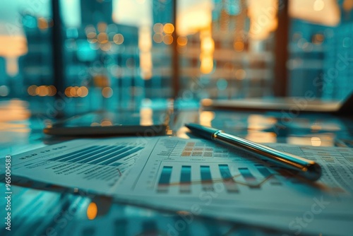 A close-up view of financial documents and a pen on a reflective surface, with a city skyline at sunset in the background.