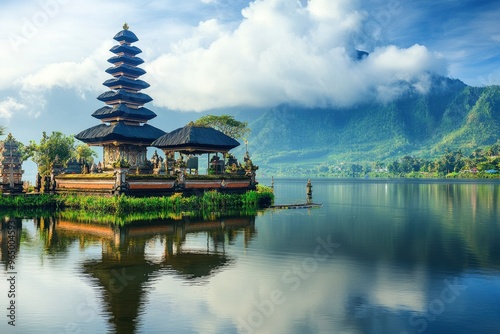 Ulun Danu Beratan temple at the edge of Lake Bratan, Bali, Indonesia , ai
