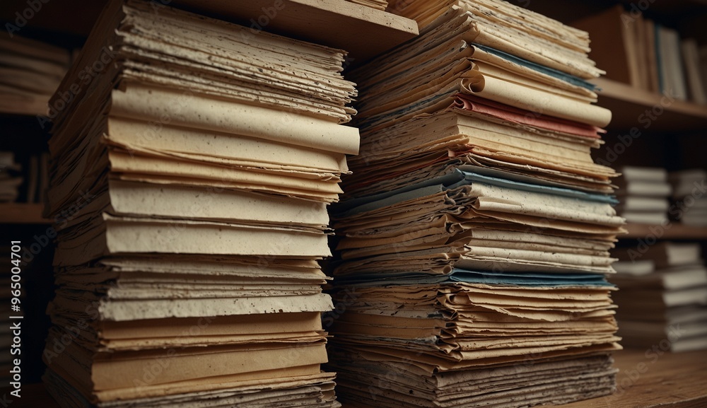 Stacked old files and documents on wooden shelves in archive room. Stacked old files and documents on wooden shelves in archive room.