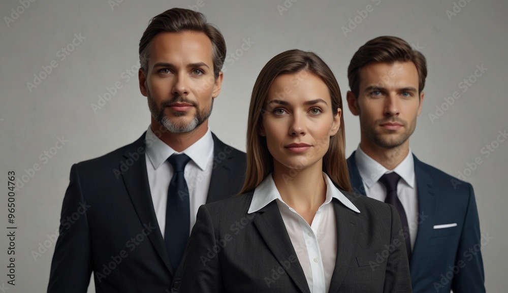 Three business professionals dressed formally, posing together Three business professionals dressed formally, posing together